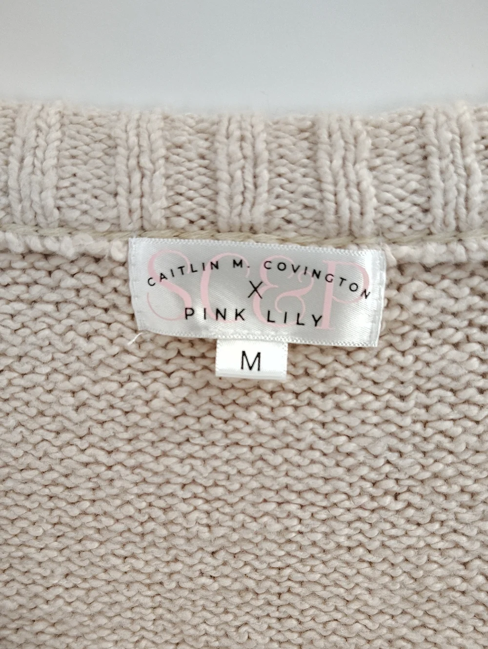 Caitlin Covington x Pink Lily Kelsey Sweater Taupe Wide Neck Off Shoulder Soft M - Picture 5 of 9
